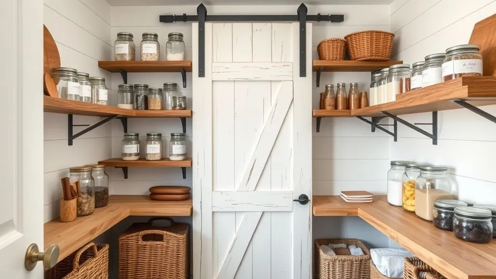 Kitchen Organization Ideas for a Clean and Functional Space 6 Farmhouse pantry with rustic wood shelves, glass jars, and white shiplap walls.