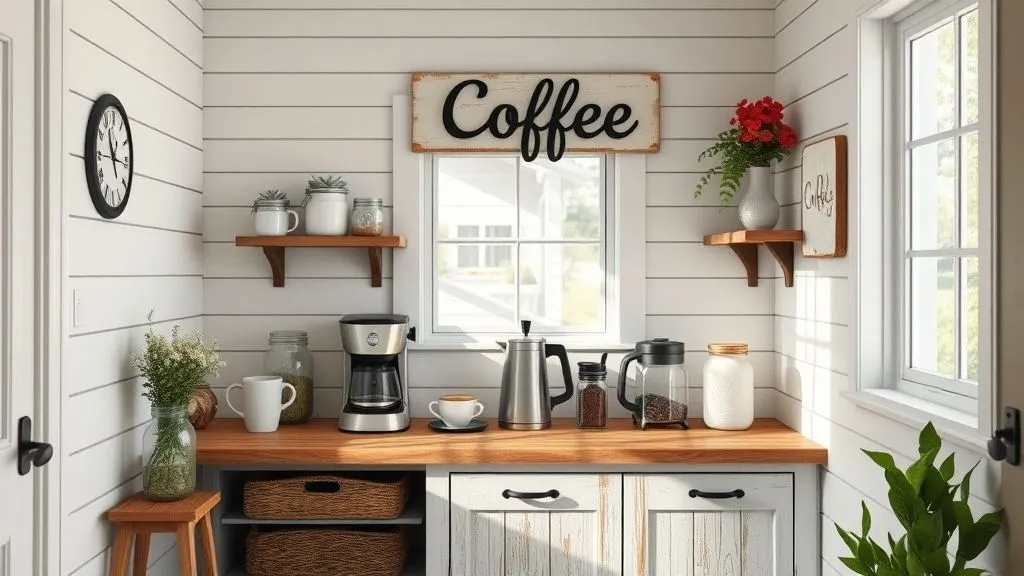 Cozy Coffee Bar Ideas for Every Home 3 Farmhouse coffee bar with rustic wood counter, mason jars, and vintage décor creating a cozy country vibe.