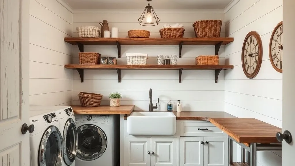 Farmhouse laundry room with shiplap walls and rustic wood shelves.