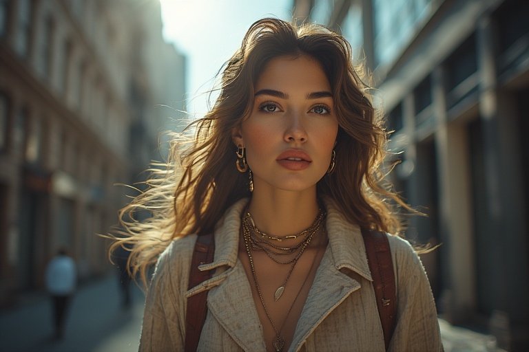 A fashionable woman showcasing modern fashion and style trends with layered clothing, elegant accessories, and a trendy hairstyle in an urban city setting