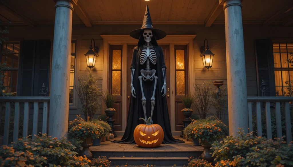 Halloween Porch & Outdoor Decorations 8 Halloween porch with giant skeleton and large prop centerpiece.