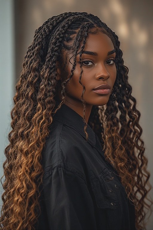 Feed-in braids blending into curly ends for a trendy, balanced look.