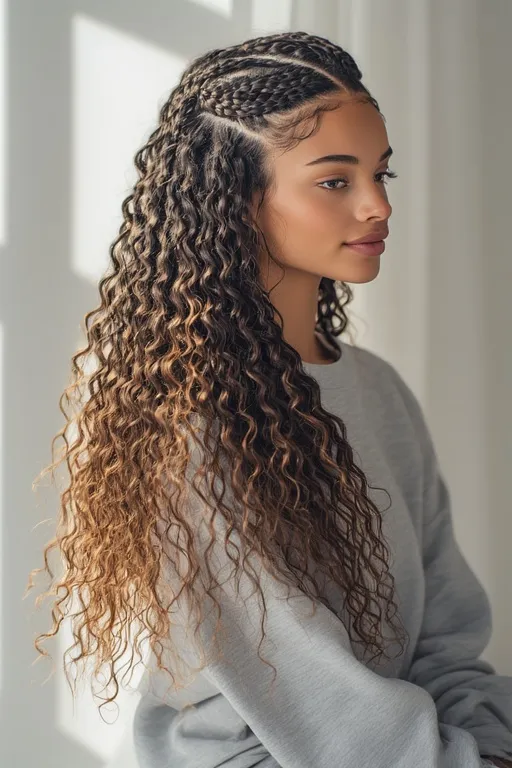 Beautiful braided curly hairstyles 9 Woman with feed-in braids blending into soft, defined curly ends