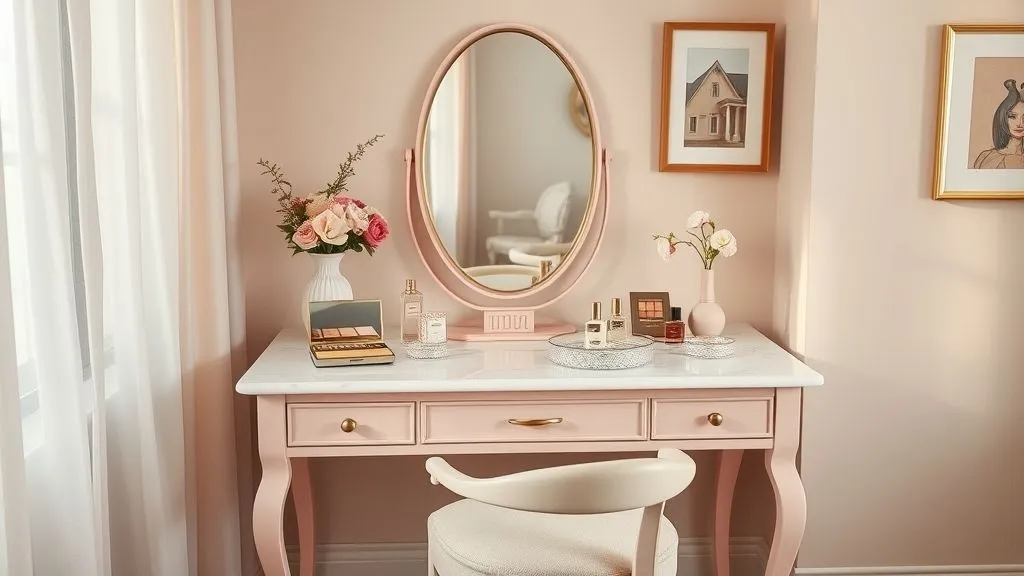 Vanity Decor Ideas for a Stylish Home 10 Feminine vanity in 16:9 full view with pastel pinks, floral décor, and makeup styling.