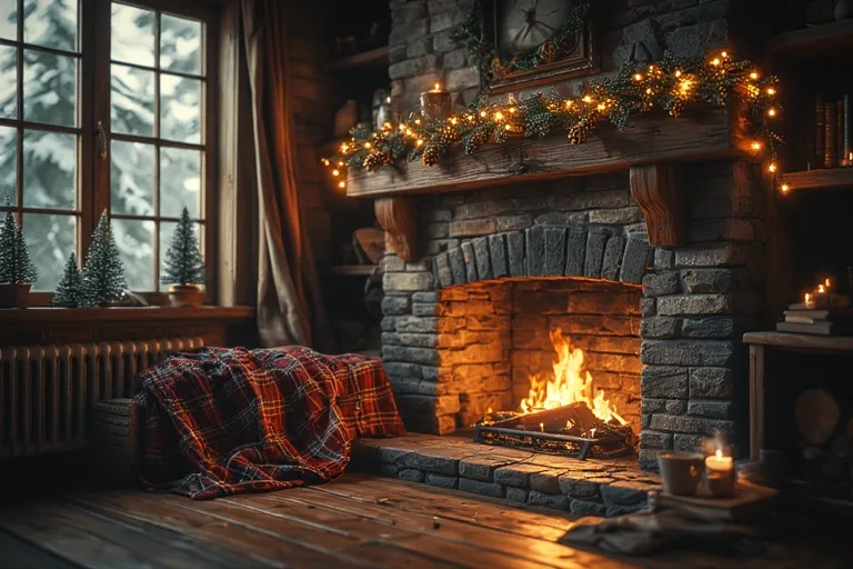 Christmas Reading Nook 13 Christmas reading nook by fireplace with garlands, books, and glowing lights.