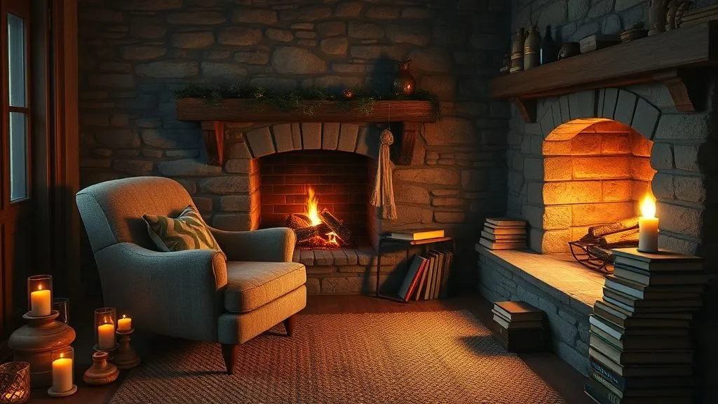 Beautiful and Cozy Reading Nook Ideas 3 Reading nook beside fireplace with armchair, rug, and warm firelight.