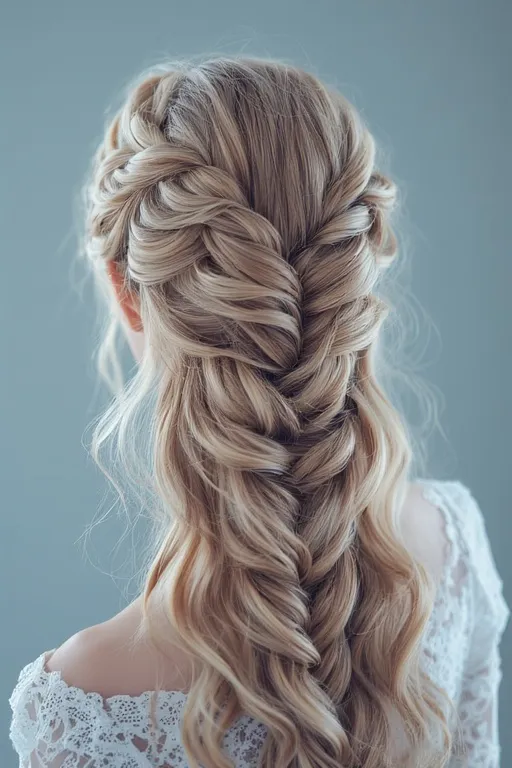 Beautiful braided curly hairstyles 11 Woman with fishtail braid hairstyle ending in loose curly waves.