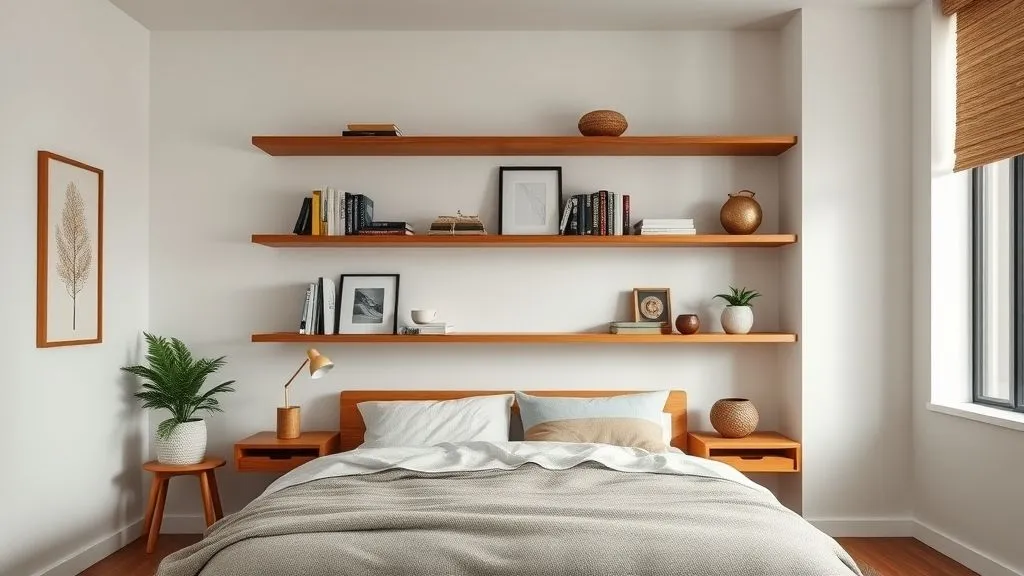 Stylish Mid-Century Modern Bedroom Ideas 12 Mid-century bedroom with floating wooden shelves and functional minimalist design.