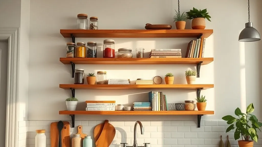 Kitchen and Pantry Organization 10 Detailed 16:9 view of a kitchen wall with floating wooden shelves displaying jars, cookbooks, and plants. The open shelving concept feels airy and intentional, bathed in warm morning light, with a mix of functionality and minimal décor.