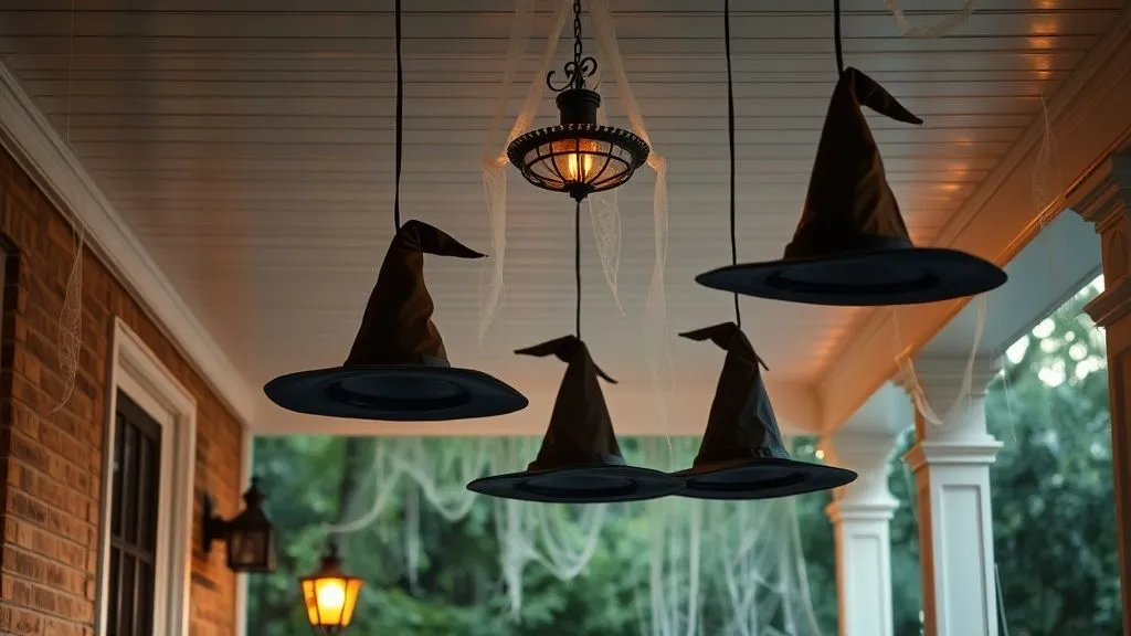 Spooky & Stylish Halloween Outdoor Decorations 15 Floating witch hats hanging from porch ceiling for Halloween decoration.
