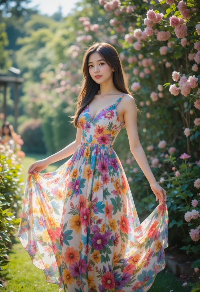 10+Chic Summer Style Inspiration Ideas 8 Bright floral summer dress styled in a blooming garden, capturing the joyful essence of summer.