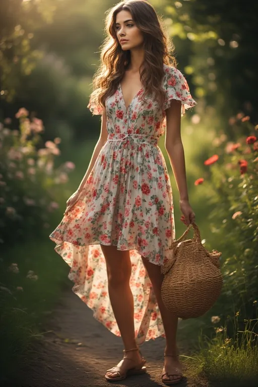 10+Stylish Cute Outfits Summer Fashion Ideas 3 A woman in a floral sundress and strappy sandals posing in a sunny garden, highlighting flowy and feminine summer fashion.