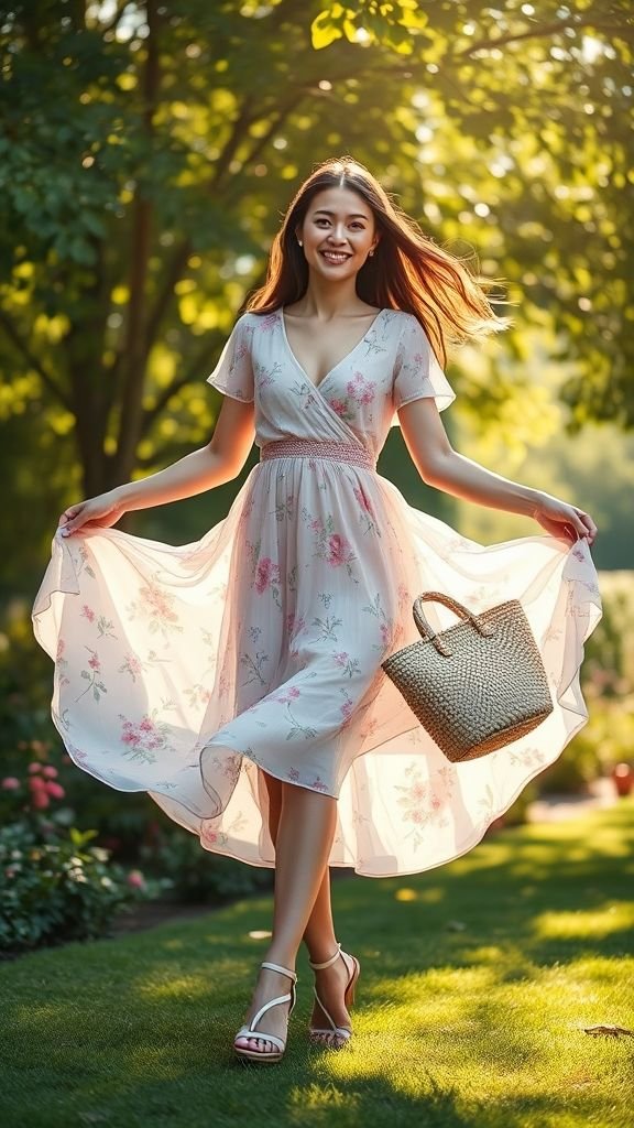 Cute outfits summer 2 Woman in pastel floral dress twirling in sunlight, showcasing flowy floral summer fashion for 2025.
