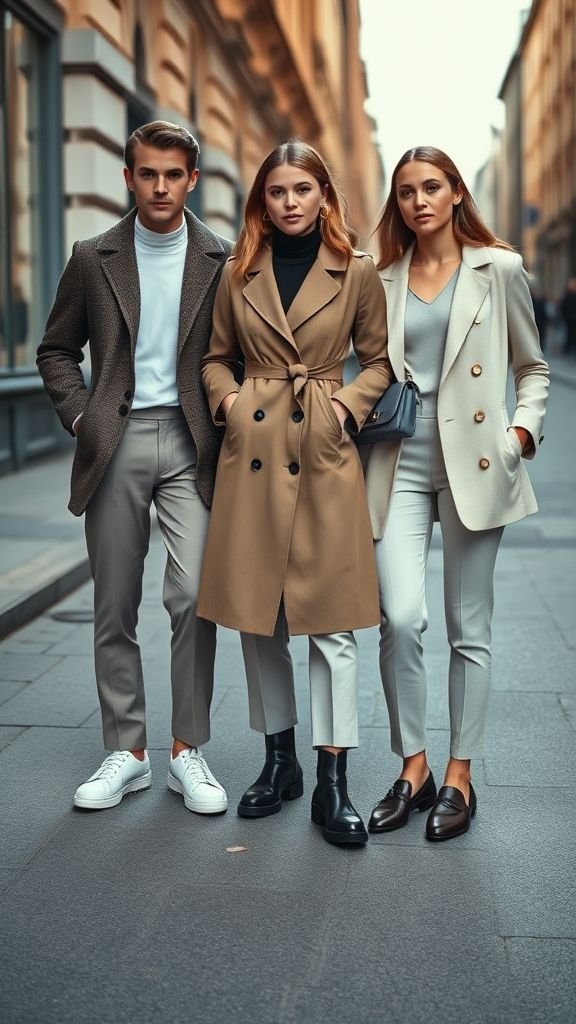 Stockholm Style: Effortless Scandinavian Fashion Defined 11 Three people in full Stockholm street-style outfits with sneakers, boots, and loafers, blending minimal fashion and modern footwear