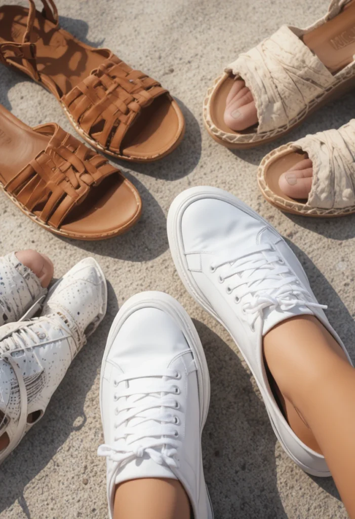 10+Chic Summer Style Inspiration Ideas 11 Summer footwear lineup with tan sandals, espadrilles, and white sneakers for chic seasonal style.