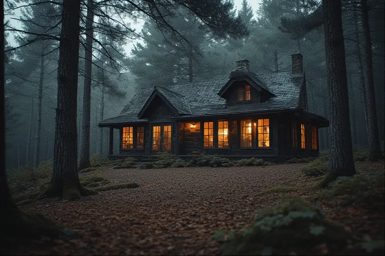 Charming Cottage Ideas for Timeless Comfort 9 Wood cabin-style cottage glowing in dense forest with mist and pine trees.
