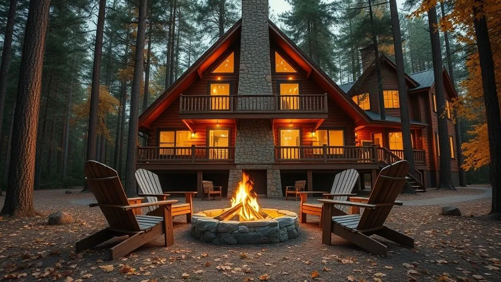 20 Cottage House Ideas You Will Love 3 Full 16:9 view of an entire wooden A-frame forest cabin with a lit firepit and Adirondack chairs, surrounded by autumn trees.