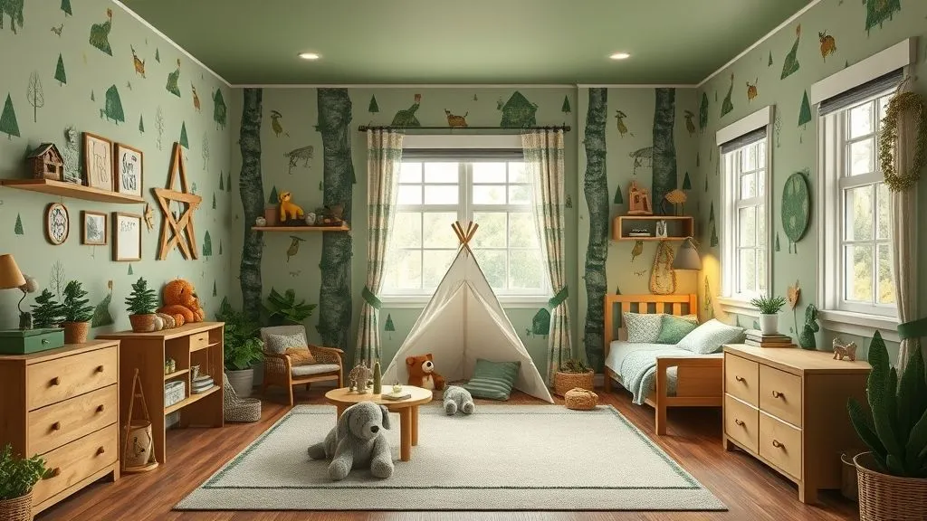 Woodland-themed kids room with green tones, nature wallpaper, and forest animal toys.