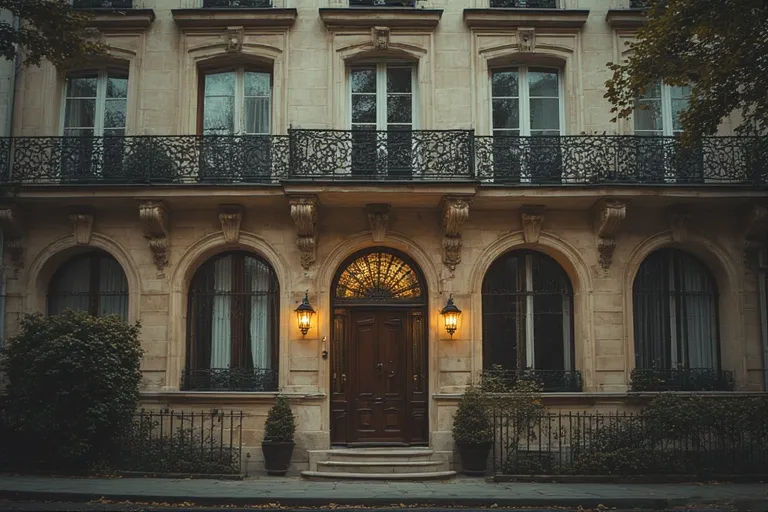 Chic Townhouse Exterior Designs 10 Full 16:9 view of a French-style townhouse with arched windows, stone facade, and iron balconies.