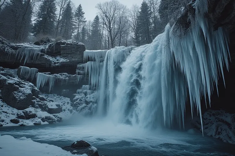 Beautiful Nature Ideas with Waterfalls 17 Frozen waterfall with icicles and snow-covered rocks in a winter forest.