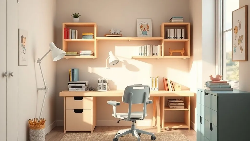 Modern kids’ study corner with desk, ergonomic chair, and pastel storage shelves.