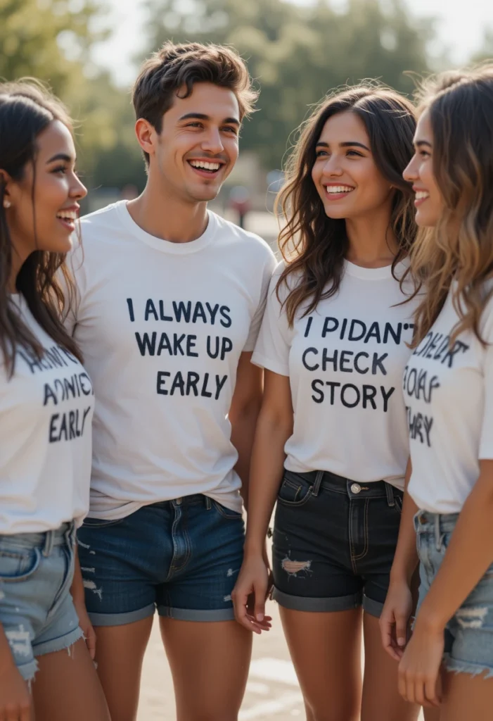White Lie Ideas Funny Party Shirt Trends 3 Group of friends wearing white lie shirts with funny quotes, laughing together outdoors in bright natural light.