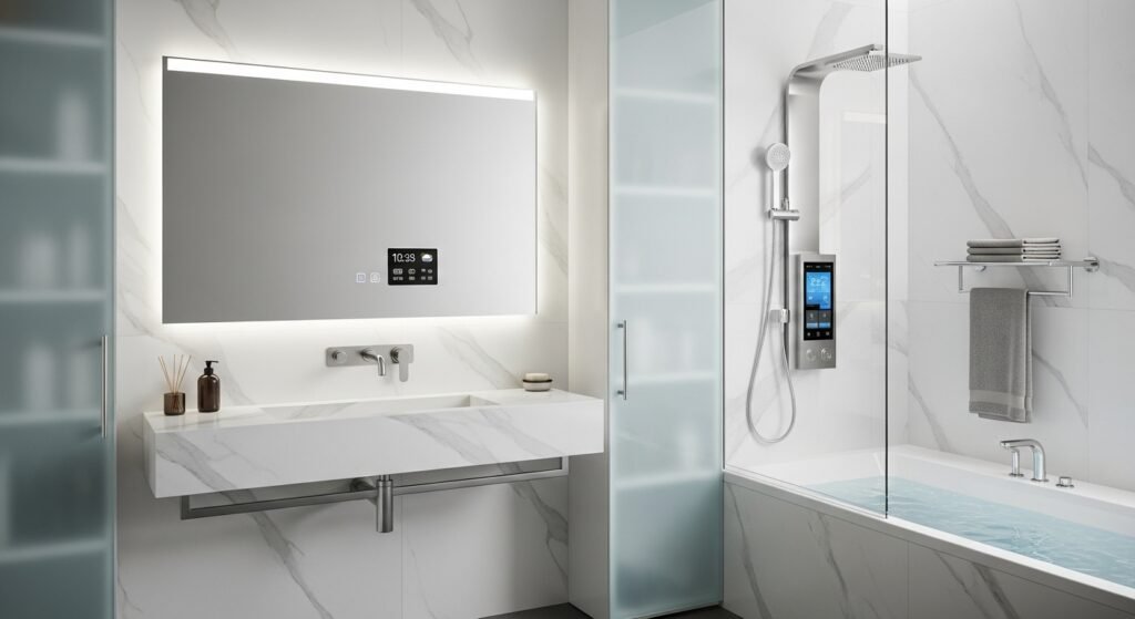 Luxury Bathroom & Shower Design Ideas 7 Smart bathroom with digital shower controls, smart mirror, and modern fixtures.