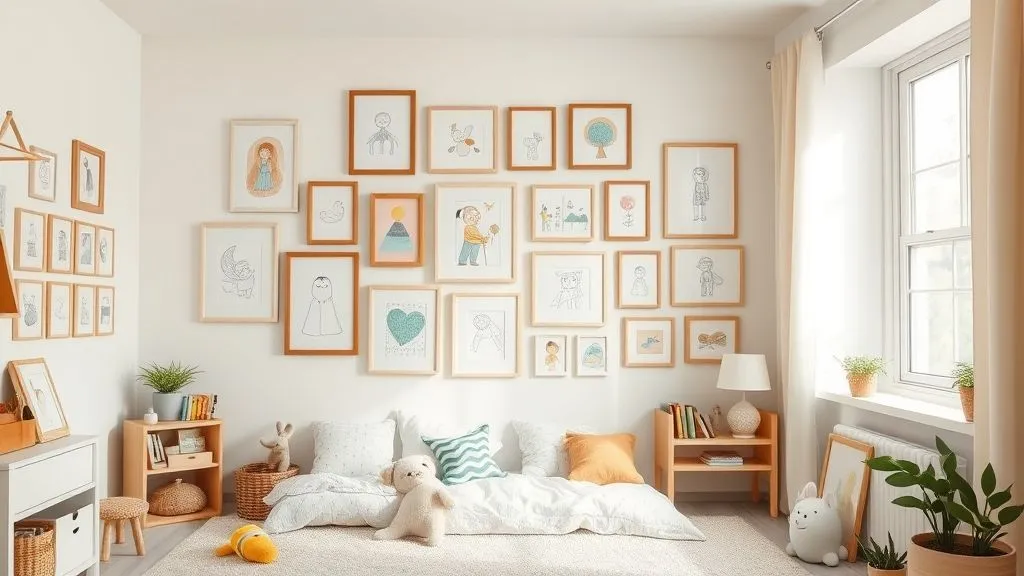 Kids’ bedroom with colorful gallery wall of framed artwork.