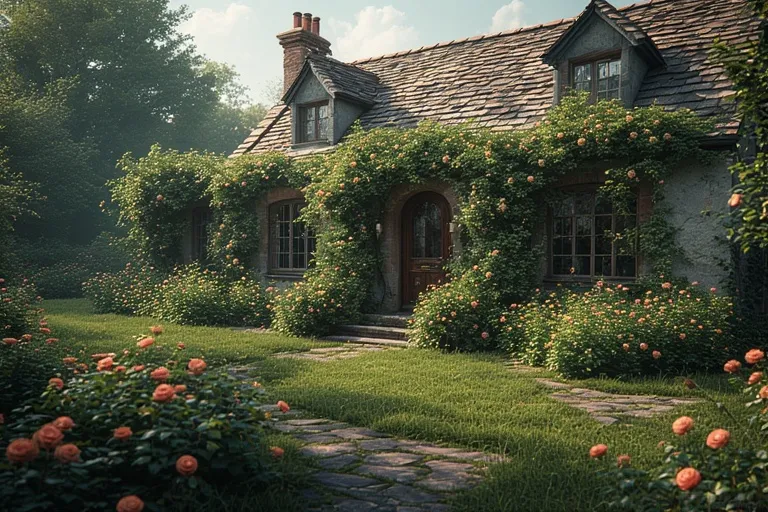 20 Cottage House Ideas You Will Love 12 Full 16:9 view of garden-filled cottage with trellises and flowers.