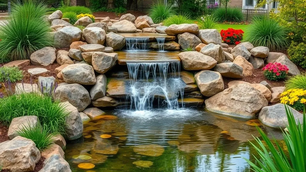 Beautiful Nature Ideas with Waterfalls 6 Backyard garden waterfall surrounded by rocks, plants, and flowers with a calm pond.