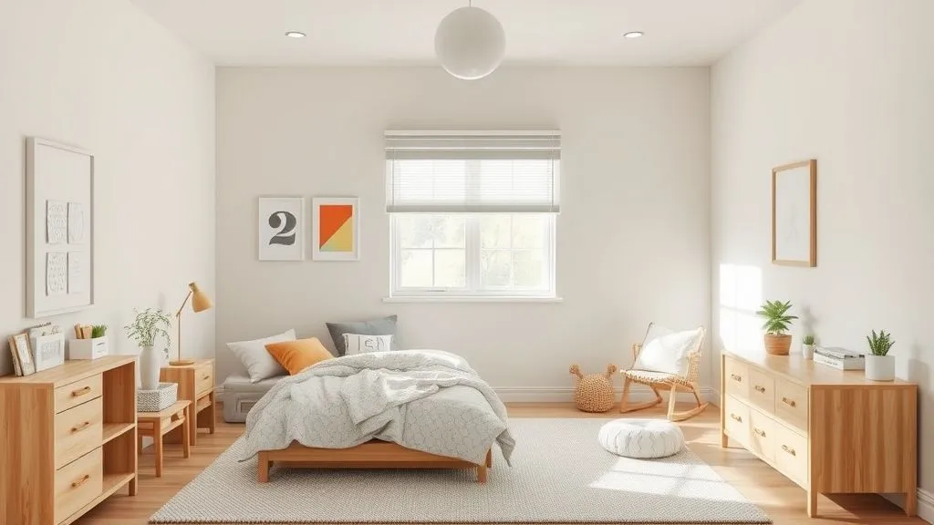 Neutral-toned kids’ bedroom with modern minimalist design.