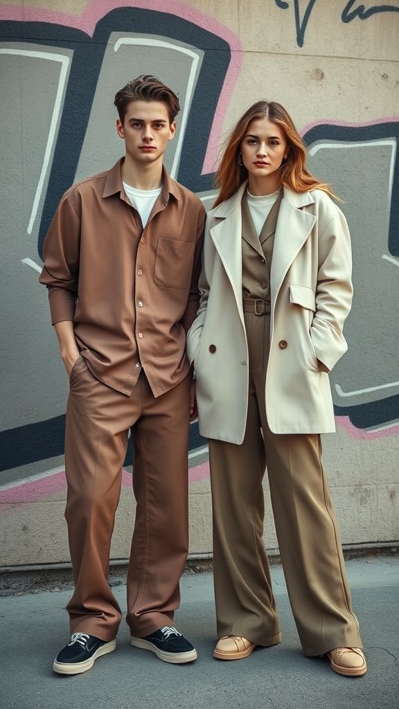 Street Style 2025: The New Era of Effortless Fashion 3 Two models in gender-neutral streetwear with boxy shirts and wide-leg pants representing 2025’s genderless fashion trend.