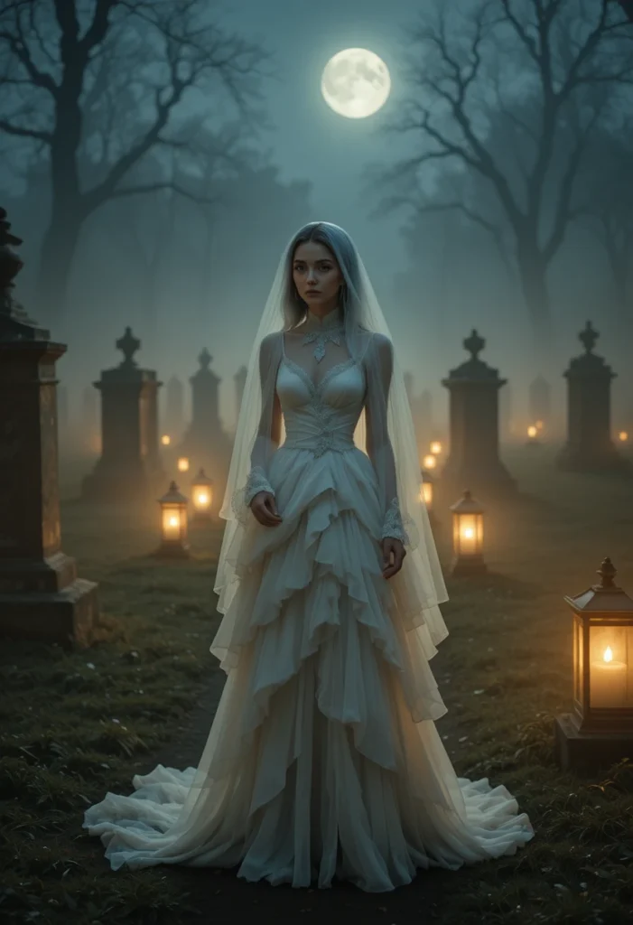 10+Spooky Halloween Outfit Ideas 8 A ghostly woman in a flowing white gown and veil standing in a misty graveyard under moonlight.