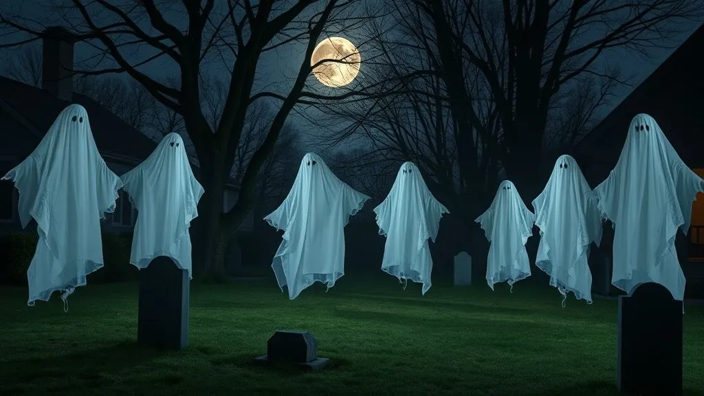 Spooky & Stylish Halloween Outdoor Decorations 6 Front lawn with glowing ghost decorations made of white fabric for Halloween night.