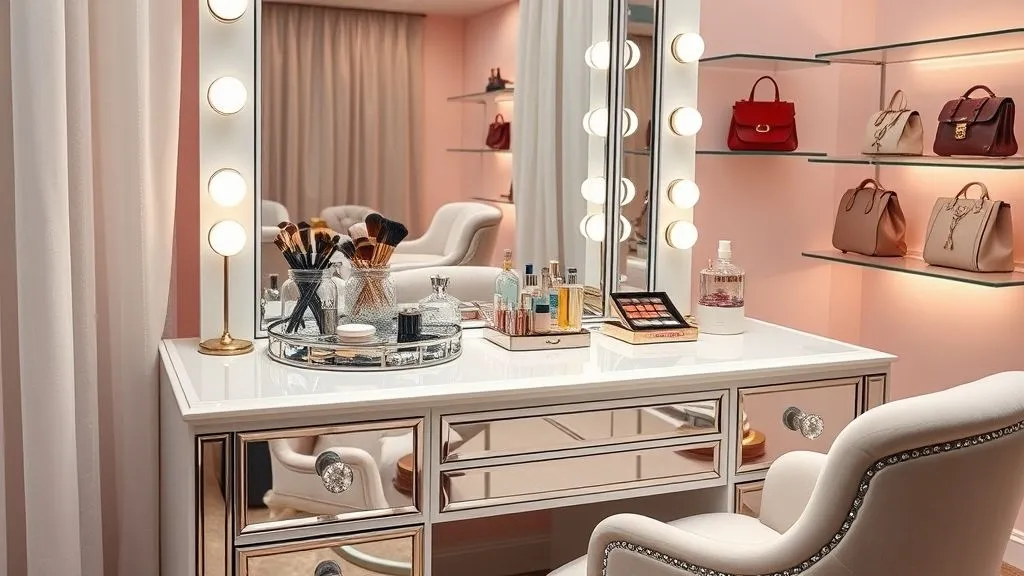 Vanity Decor Ideas for a Stylish Home 16 Glam vanity in 16:9 full view with crystal accessories, mirrored trays, and makeup styling.