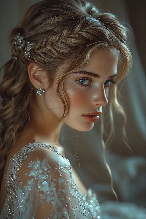 Wavy hairstyle with braided accents and sparkling pins for everyday glamour.