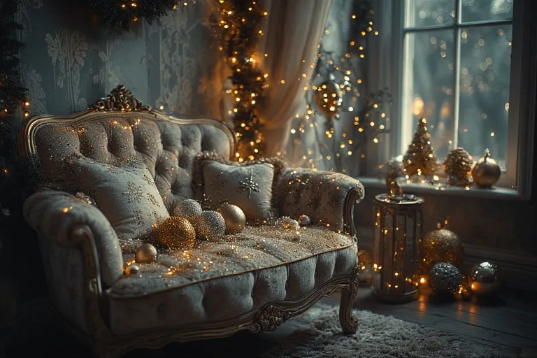 Christmas Reading Nook 15 Glamorous gold and silver Christmas reading nook with velvet chair and lights.