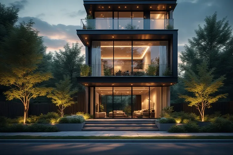 Chic Townhouse Exterior Designs 19 Full 16:9 view of a glass-front modern townhouse with tall windows and minimal landscaping.