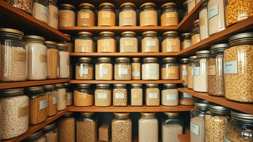 Kitchen and Pantry Organization 16 Full-view pantry shelves with labeled glass jars holding dry ingredients.