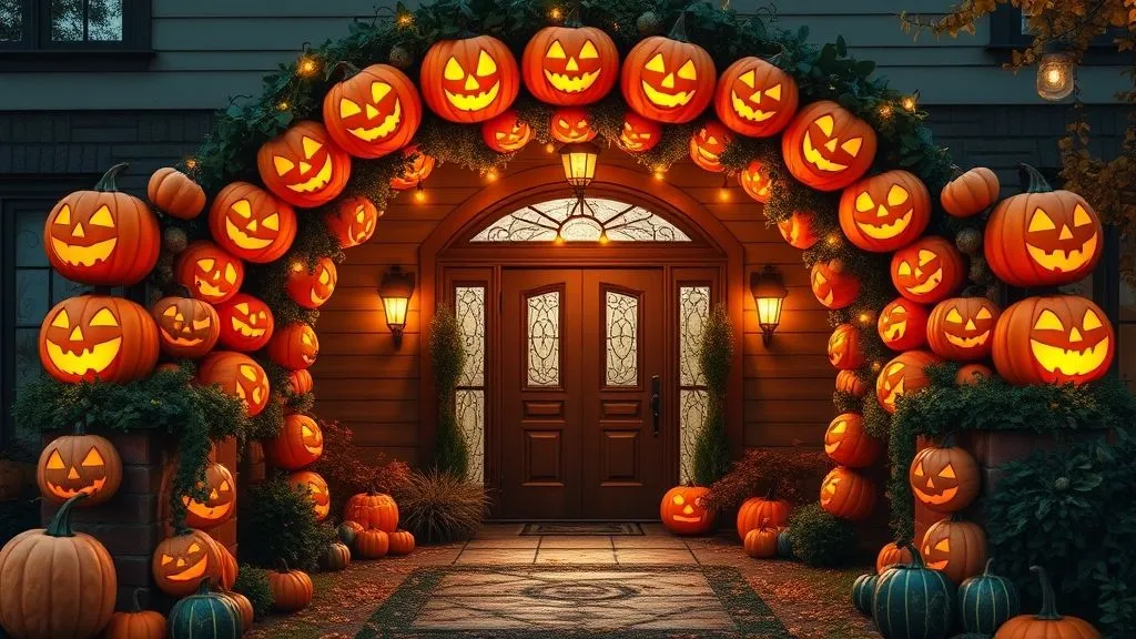Spooky Halloween Outdoor Decorations 9 Pumpkin archway glowing with string lights and carved jack-o’-lanterns for Halloween.