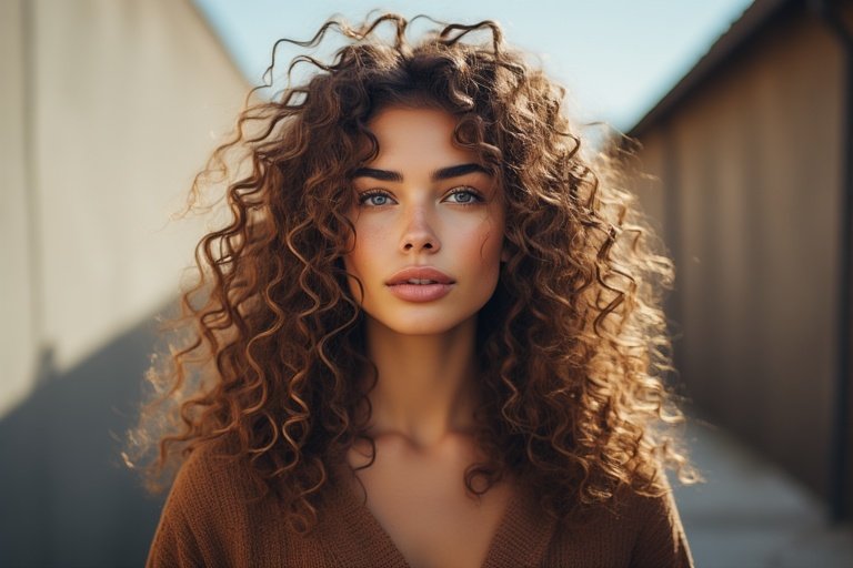 Woman with defined, bouncy curly hair styled naturally, showing off volume and shine in a modern, elegant setting.