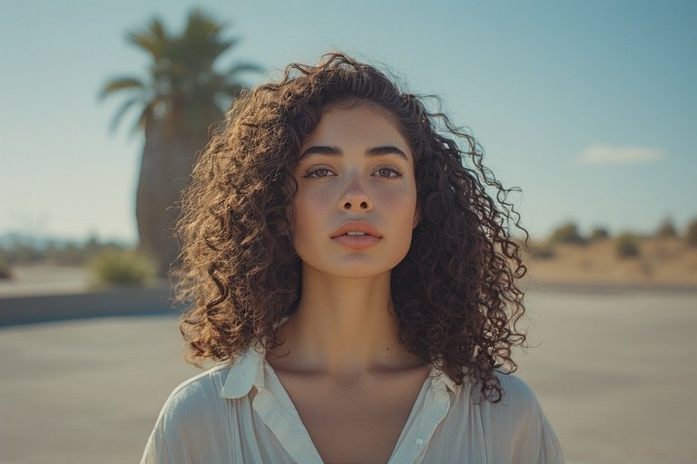 Woman with voluminous, defined curly hair posing outdoors in sunlight, showcasing natural beauty and confidence.