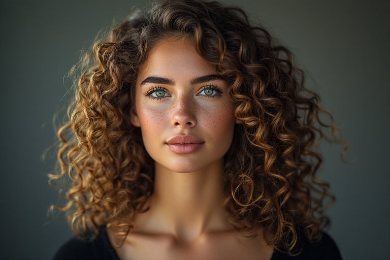 "Beautiful woman with voluminous, defined curly hair showcasing natural texture, shine, and effortless glamour."