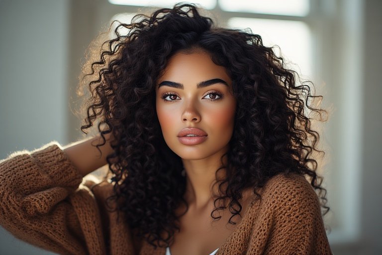 Beautiful woman with natural curly hair showcasing soft, defined curls and effortless glam style.