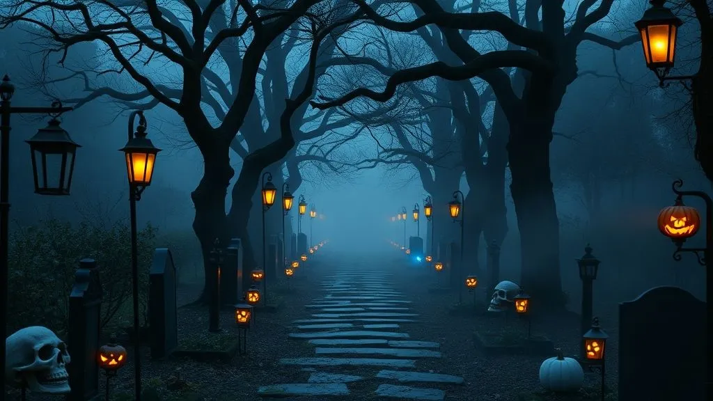 Spooky & Stylish Halloween Outdoor Decorations 4 Full garden walkway decorated with lanterns, skull lights, and fog for a gothic Halloween vibe.