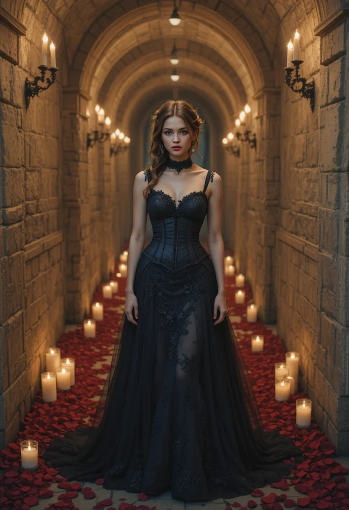 10+Spooky Halloween Outfit Ideas 4 A gothic woman in a lace corset gown with red lips standing in a candle-lit stone hall, embodying dark romantic Halloween style.