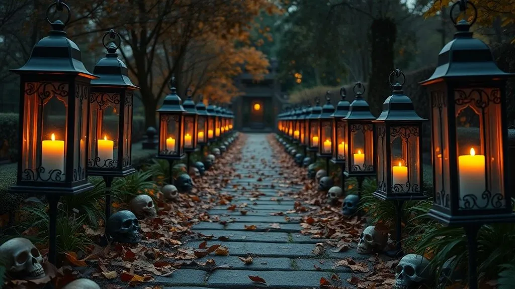 Spooky Halloween Outdoor Decorations 6 Halloween walkway lined with gothic lanterns glowing warmly and autumn leaves scattered.