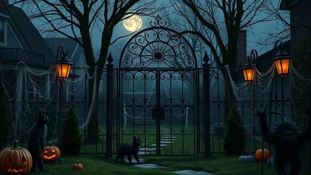Spooky Halloween Outdoor Decorations 12 Halloween yard with wrought-iron gate, cobwebs, and lanterns glowing at night.