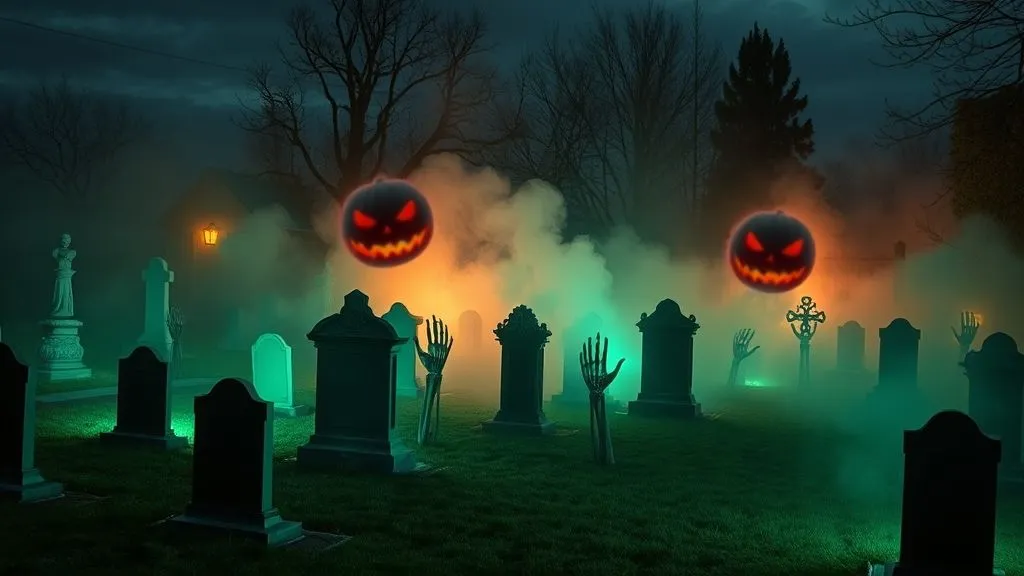 Spooky Halloween Outdoor Decorations 4 Halloween yard decorated like a graveyard with tombstones, fog, and skeleton props.