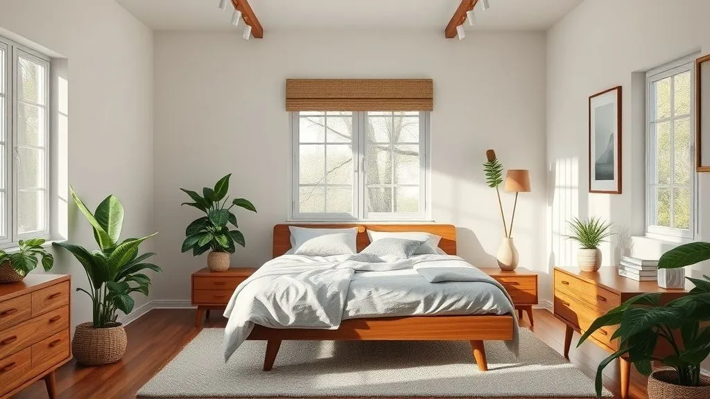 Stylish Mid-Century Modern Bedroom Ideas 13 Mid-century bedroom with indoor plants and warm wood furniture.